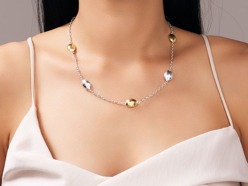 GURHAN, GURHAN Spell Sterling Silver Station Short Necklace, Puffed Ovals, Gold Accents