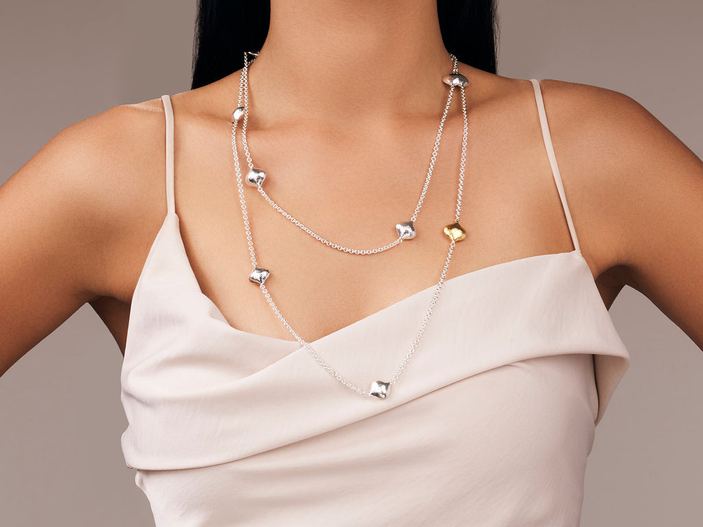 GURHAN, GURHAN Spell Sterling Silver Station Long Necklace, Puffed Shapes on Thin Chain, Gold Accents