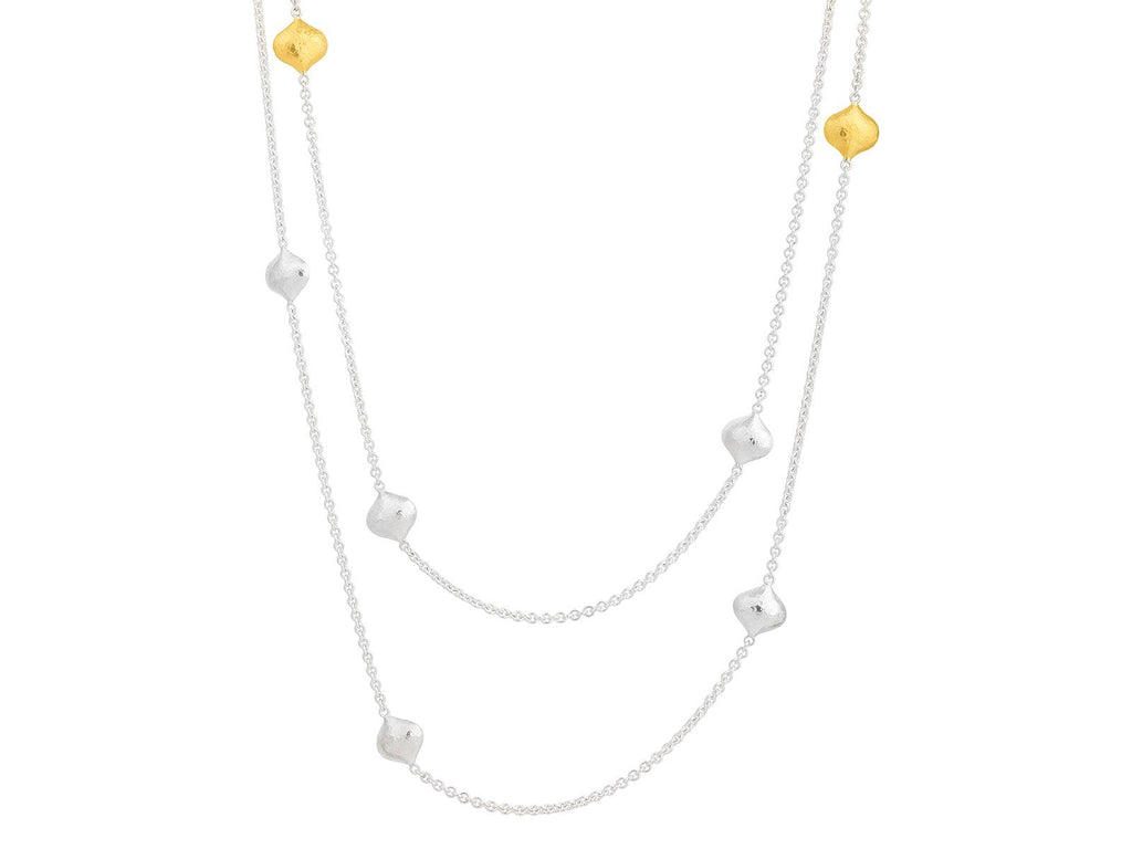 GURHAN, GURHAN Spell Sterling Silver Station Long Necklace, Puffed Shapes on Thin Chain, Gold Accents