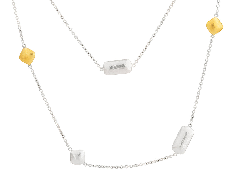 GURHAN, GURHAN Spell Sterling Silver Station Long Necklace, Mixed Square and Rectangle Shapes on Thin Chain, Gold Accents