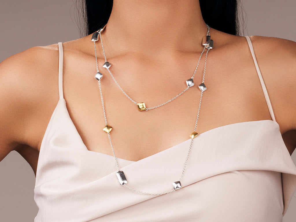 GURHAN, GURHAN Spell Sterling Silver Station Long Necklace, Mixed Square and Rectangle Shapes on Thin Chain, Gold Accents