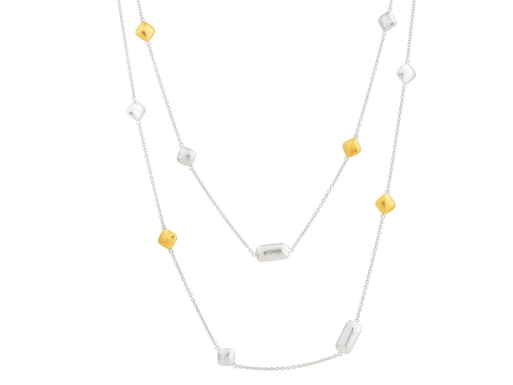 GURHAN, GURHAN Spell Sterling Silver Station Long Necklace, Mixed Square and Rectangle Shapes on Thin Chain, Gold Accents