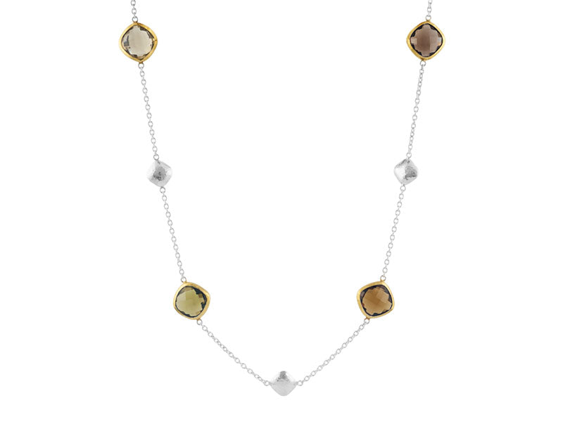 GURHAN, GURHAN Spell Sterling Silver Quartz Station Short Necklace, 12mm Square Stones on Light Chain, Gold Accents