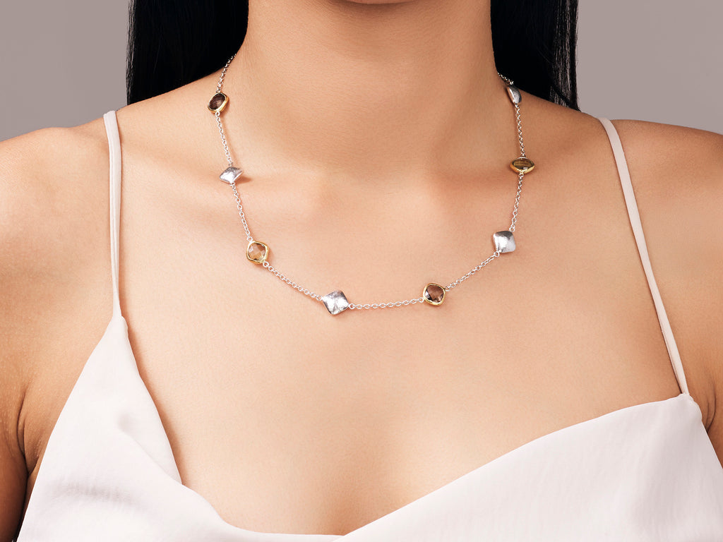 GURHAN, GURHAN Spell Sterling Silver Quartz Station Short Necklace, Mixed Shapes on Thin Chain, Gold Accents