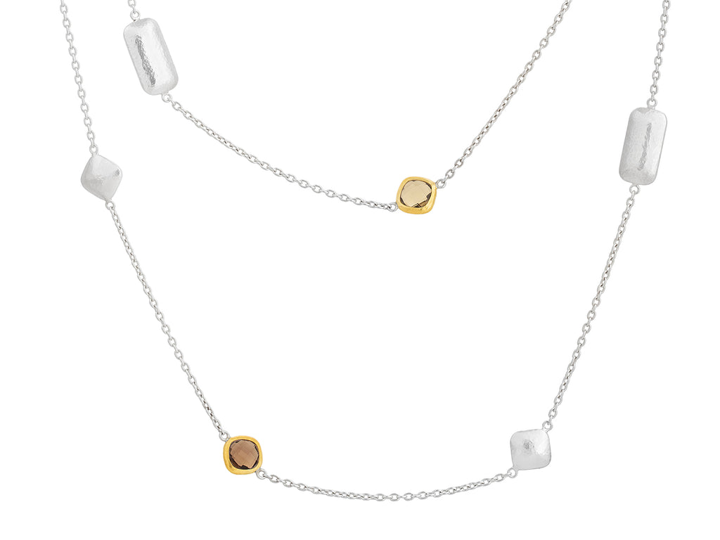 GURHAN, GURHAN Spell Sterling Silver Quartz Station Long Necklace, Mixed Shapes on Thin Chain, Gold Accents