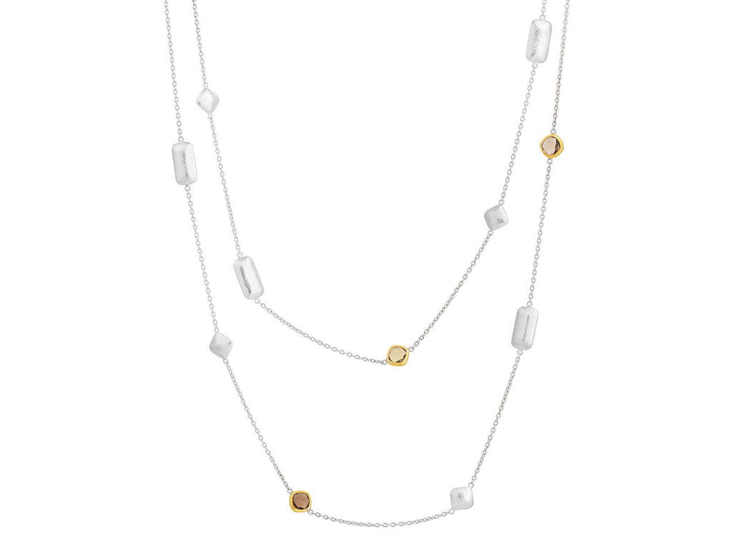 GURHAN, GURHAN Spell Sterling Silver Quartz Station Long Necklace, Mixed Shapes on Thin Chain, Gold Accents