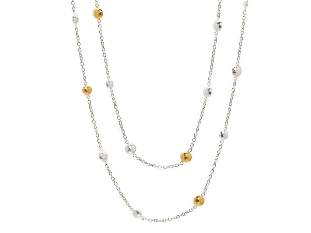 GURHAN, GURHAN Spell Sterling Silver Station Long Necklace, Lentil Shaped Beads on Light Chain, Gold Accents