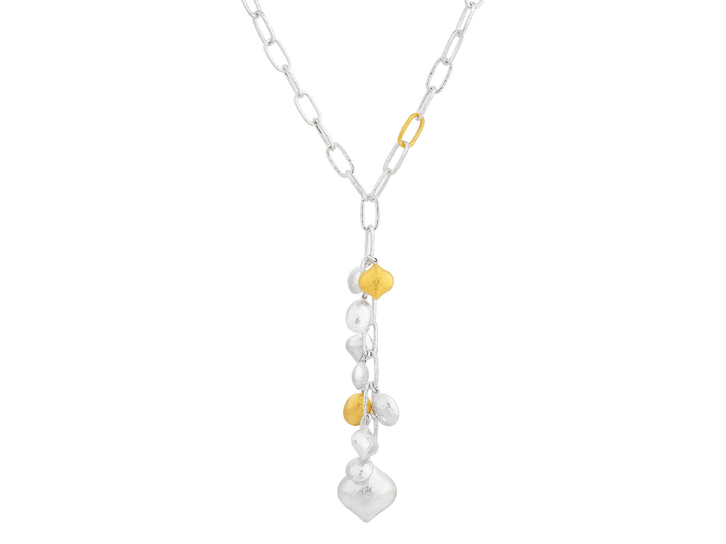 GURHAN, GURHAN Spell Sterling Silver Tassel Short Necklace, Mixed Puffed Shapes, Gold Accents