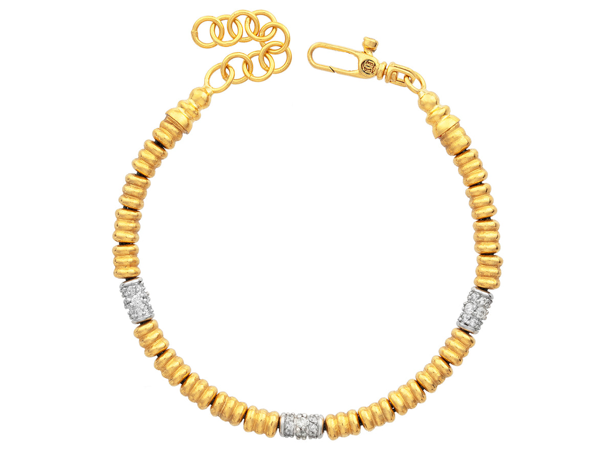 GURHAN, GURHAN Vertigo Gold Beaded Single-Strand Bracelet, Ridged Tubes, Triple White Gold Stations, Diamond
