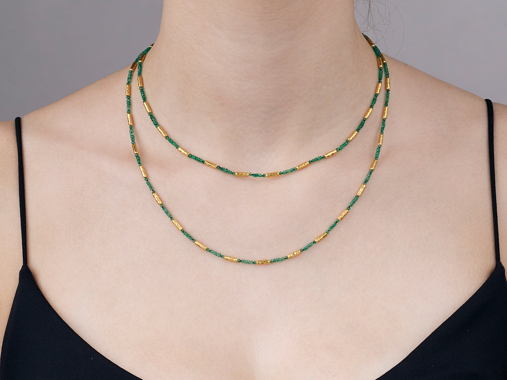 GURHAN, GURHAN Vertigo Gold Emerald Single-Strand Beaded Long Necklace, Thin Gold Tubes with Stone Clusters