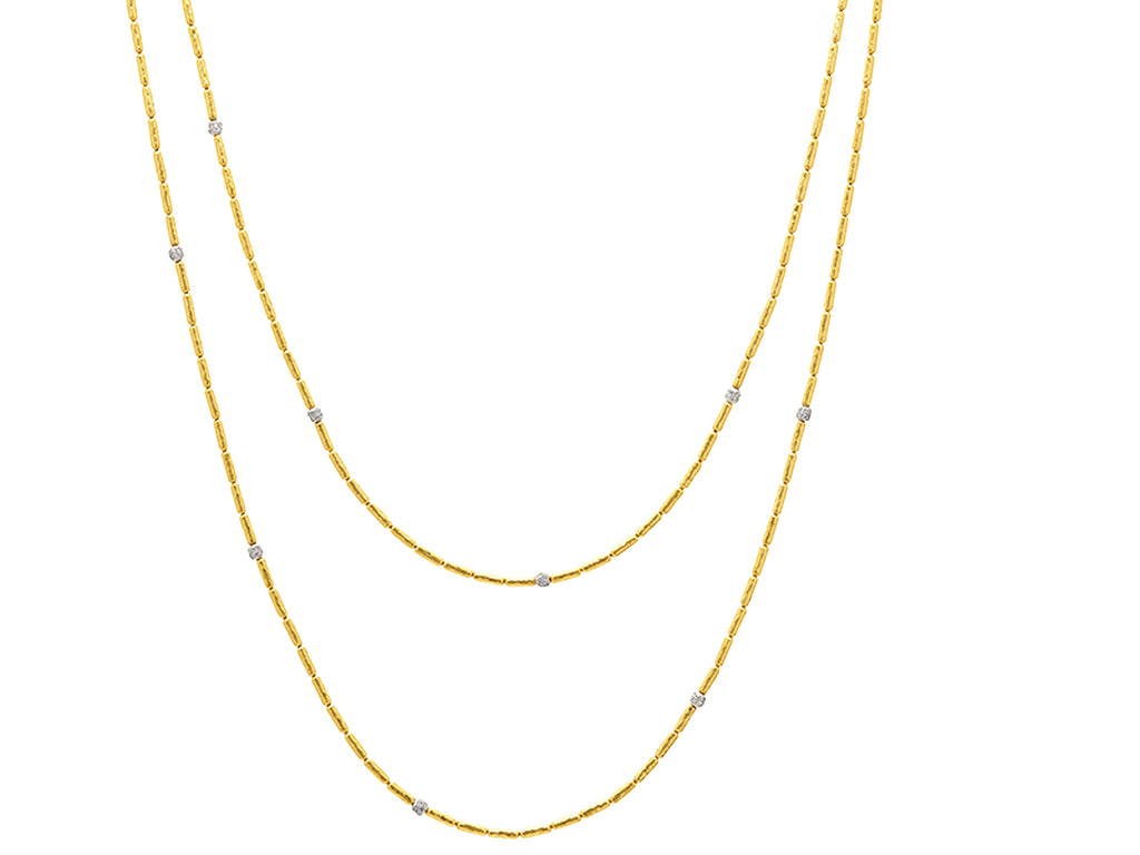 GURHAN, GURHAN Vertigo Gold Diamond Beaded Long Necklace, Thin Hammered Gold Tubes, Pave Stations