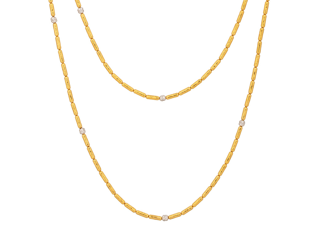 GURHAN, GURHAN Vertigo Gold Diamond Beaded Long Necklace, Thin Hammered Gold Tubes, Pave Stations