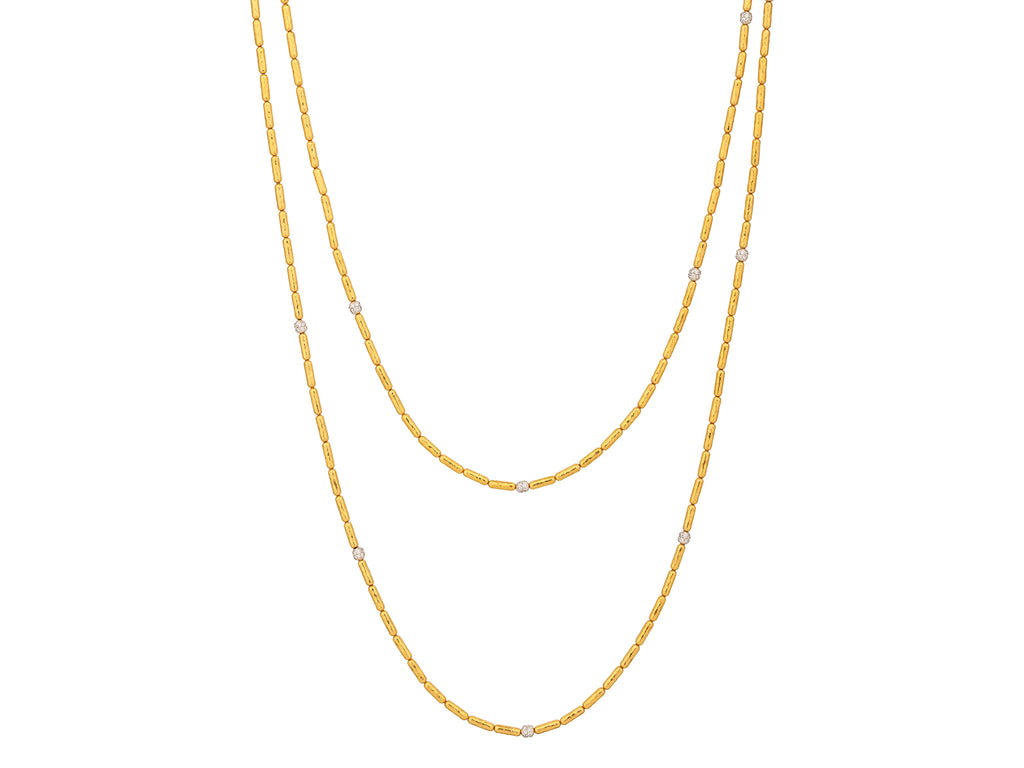 GURHAN, GURHAN Vertigo Gold Diamond Beaded Long Necklace, Thin Hammered Gold Tubes, Pave Stations