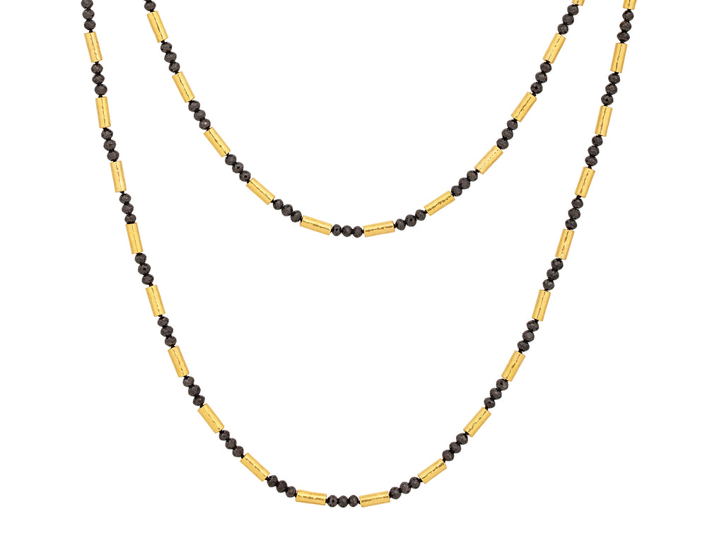 GURHAN, GURHAN Vertigo Gold Black Diamond Beaded Long Necklace, Thin Hammered Tubes