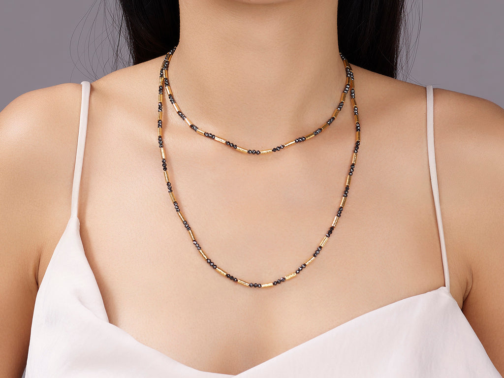 GURHAN, GURHAN Vertigo Gold Black Diamond Beaded Long Necklace, Thin Hammered Tubes