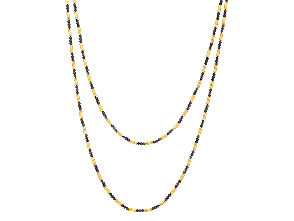 GURHAN, GURHAN Vertigo Gold Black Diamond Beaded Long Necklace, Thin Hammered Tubes