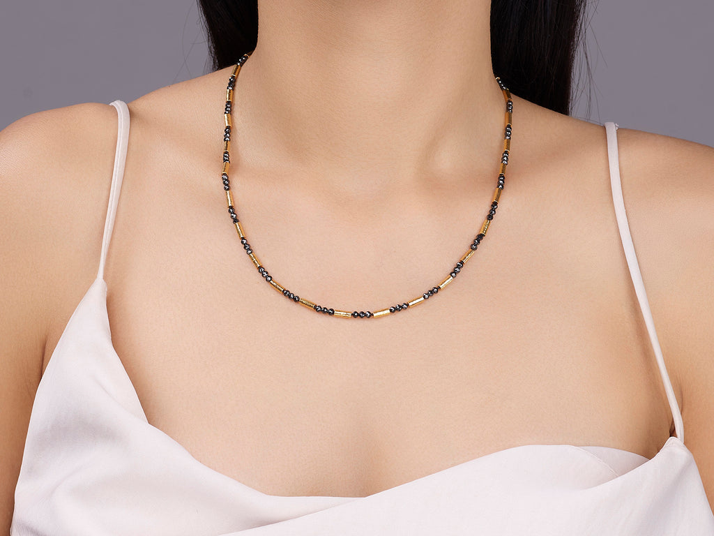 GURHAN, GURHAN Vertigo Gold Black Diamond Beaded Short Necklace, Thin Hammered Tubes