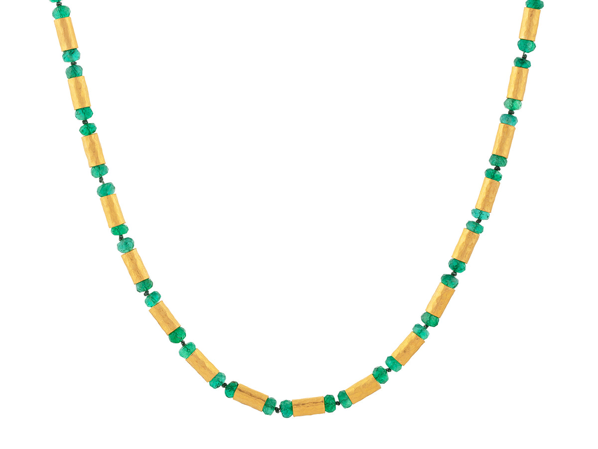 GURHAN, GURHAN Vertigo Gold Beaded Short Necklace, Hammered Gold Tubes, Emerald