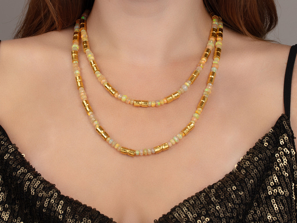 GURHAN, GURHAN Vertigo Gold Opal Beaded Long Necklace, Hammered Barrel Tubes