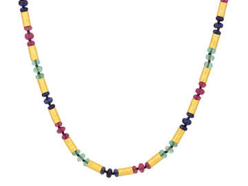 GURHAN, GURHAN Vertigo Gold Beaded Short Necklace, Hammered Gold Tubes, Mixed Bright Stones