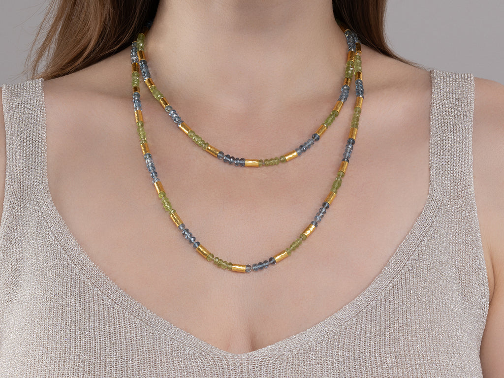 GURHAN, GURHAN Vertigo Gold Multi-Stone Beaded Long Necklace, Hammered Gold Tubes