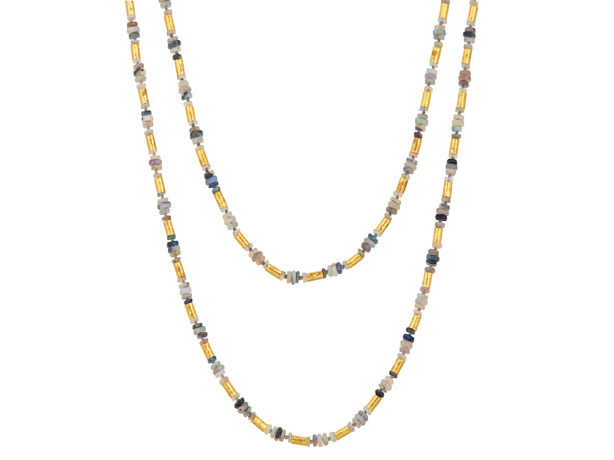GURHAN, GURHAN Vertigo Gold Beaded Long Necklace, Hammered Gold Tubes, Opal