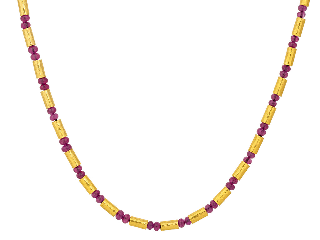 GURHAN, GURHAN Vertigo Gold Ruby Beaded Short Necklace, Hammered Gold Tubes