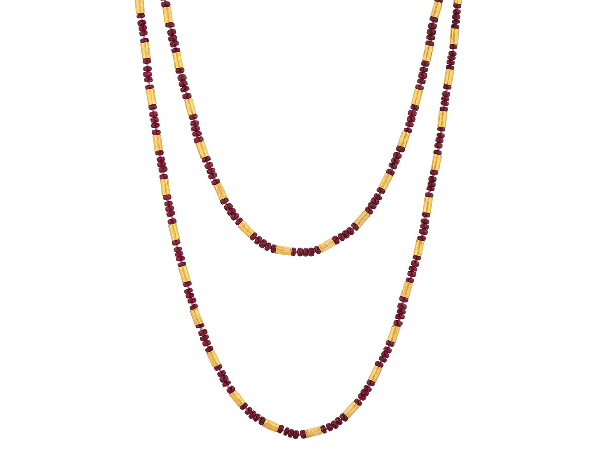GURHAN, GURHAN Vertigo Gold Beaded Long Necklace, Hammered Gold Tubes, Ruby and Diamond