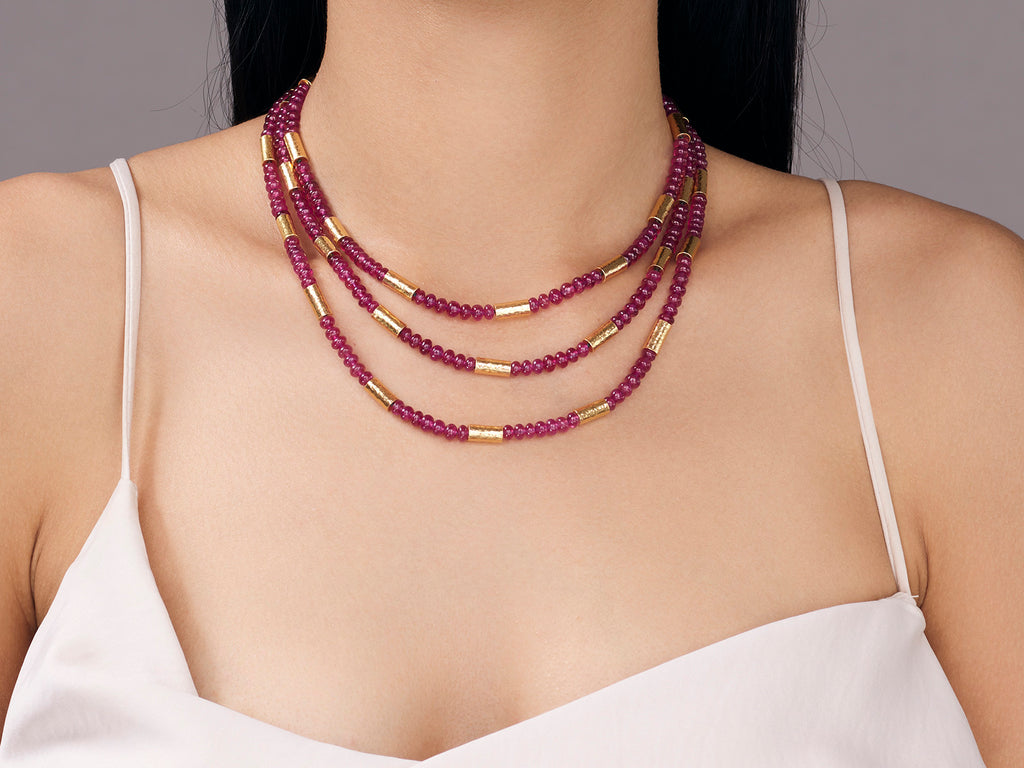 GURHAN, GURHAN Vertigo Gold Ruby Beaded Long Necklace, Hammered Gold Tubes