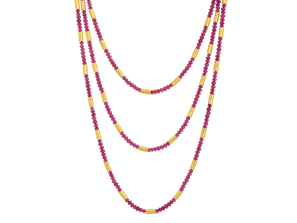 GURHAN, GURHAN Vertigo Gold Ruby Beaded Long Necklace, Hammered Gold Tubes