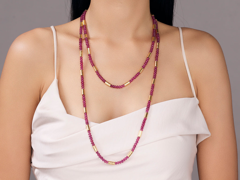 GURHAN, GURHAN Vertigo Gold Ruby Beaded Long Necklace, Hammered Gold Tubes