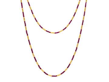 GURHAN, GURHAN Vertigo Gold Ruby Single-Strand Beaded Long Necklace, Thin Gold Tubes with Stone Clusters