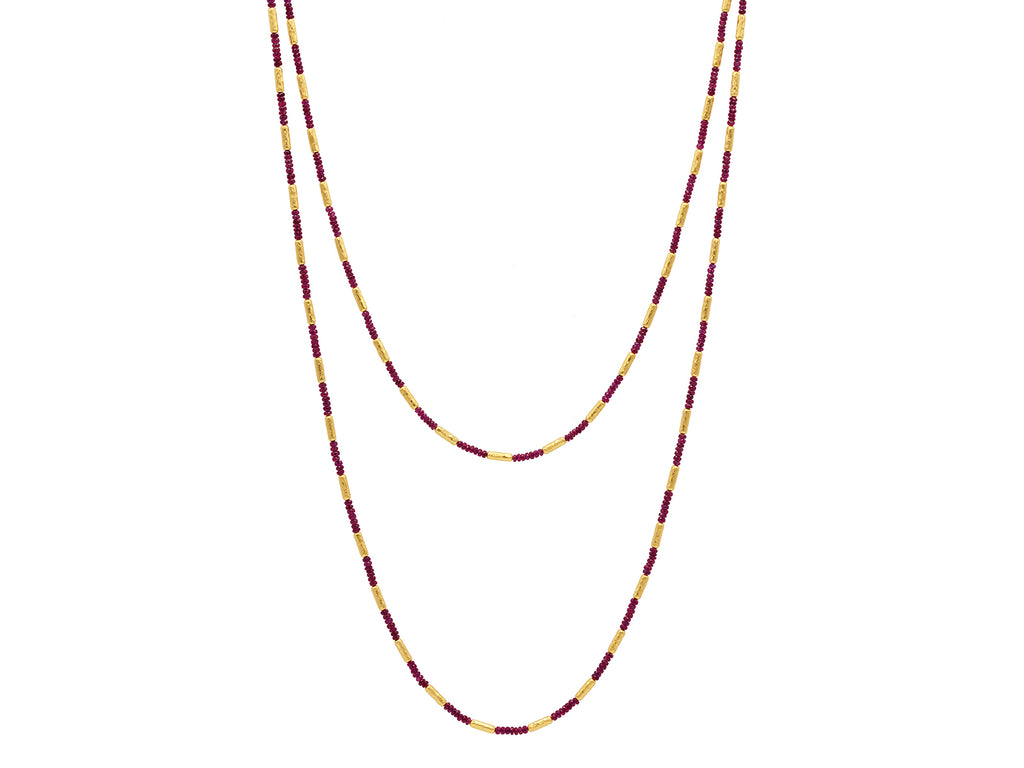 GURHAN, GURHAN Vertigo Gold Ruby Single-Strand Beaded Long Necklace, Thin Gold Tubes with Stone Clusters