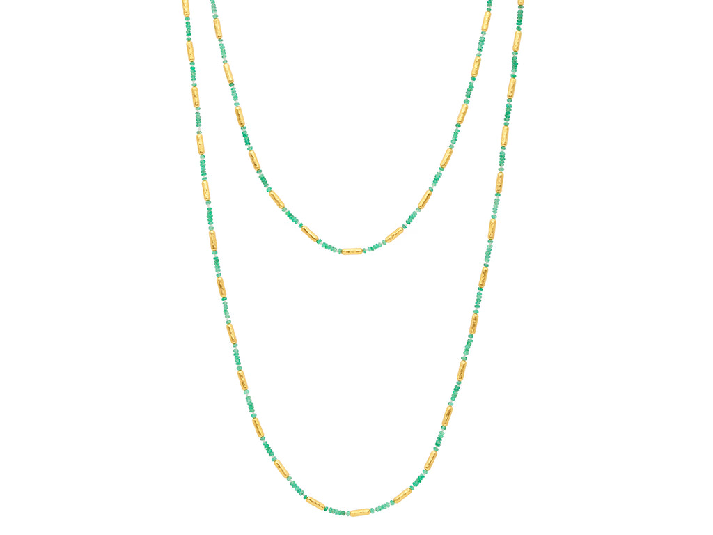 GURHAN, GURHAN Vertigo Gold Emerald Single-Strand Beaded Long Necklace, Thin Gold Tubes with Stone Clusters