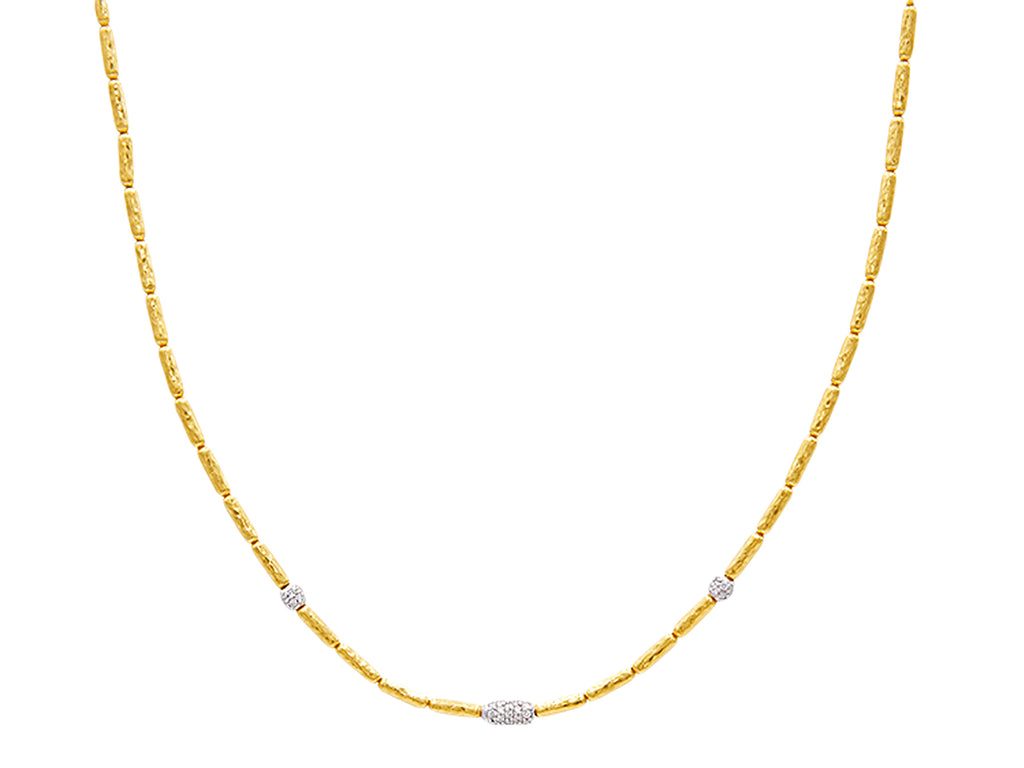 GURHAN, GURHAN Vertigo Gold Diamond Single-Strand Beaded Short Necklace, 4mm Wide Beads, 3 Pave Stations