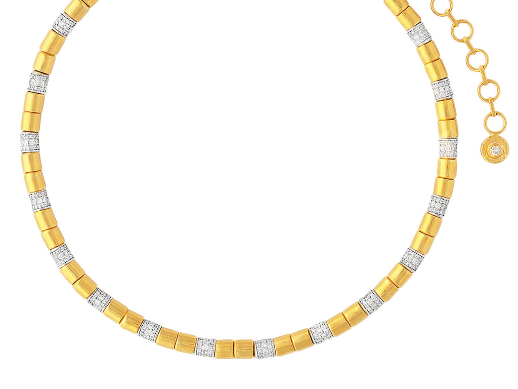 GURHAN, GURHAN Vertigo Gold Diamond Single-Strand Beaded Short Necklace, 5.5mm Smooth Beads, White Gold Pave Stations