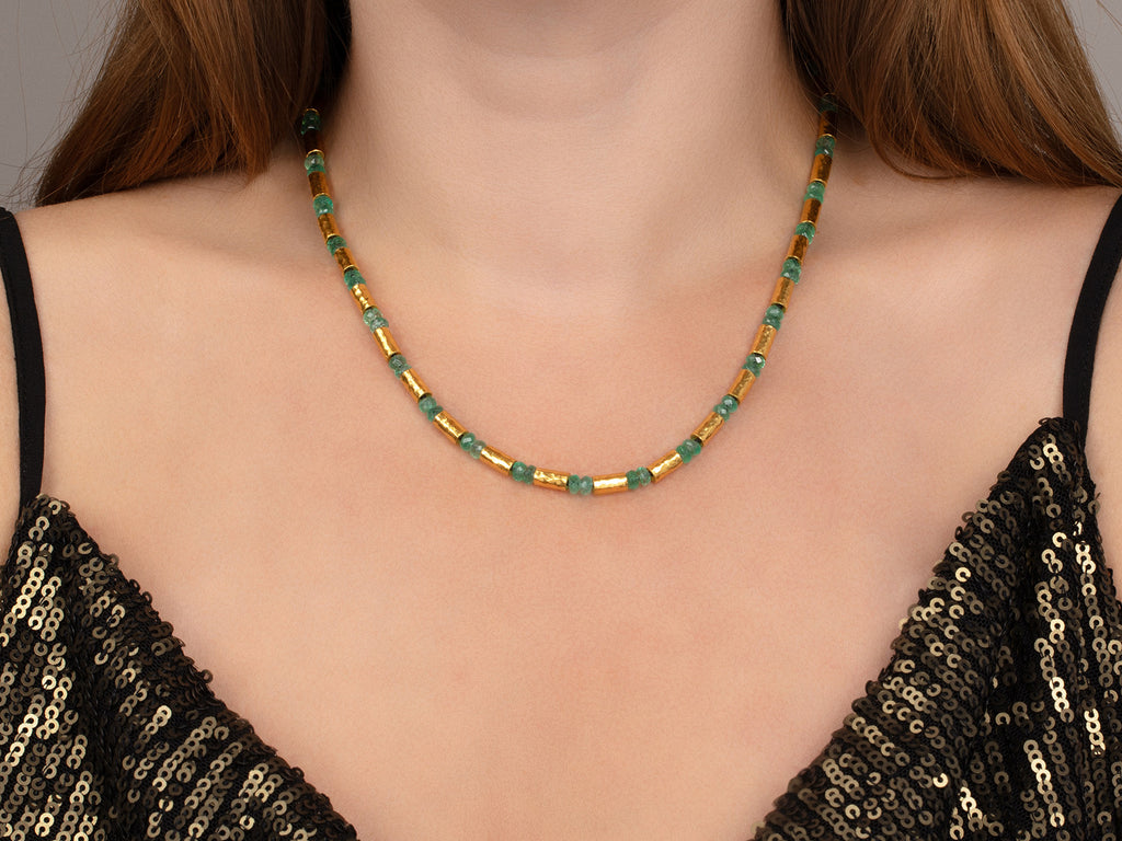 GURHAN, GURHAN Vertigo Gold Emerald Single-Strand Short Necklace, Gold Tubes and Facetted Beads