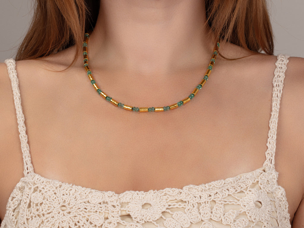 GURHAN, GURHAN Vertigo Gold Emerald Single-Strand Beaded Short Necklace, Gold Tubes and Cabochon Beads