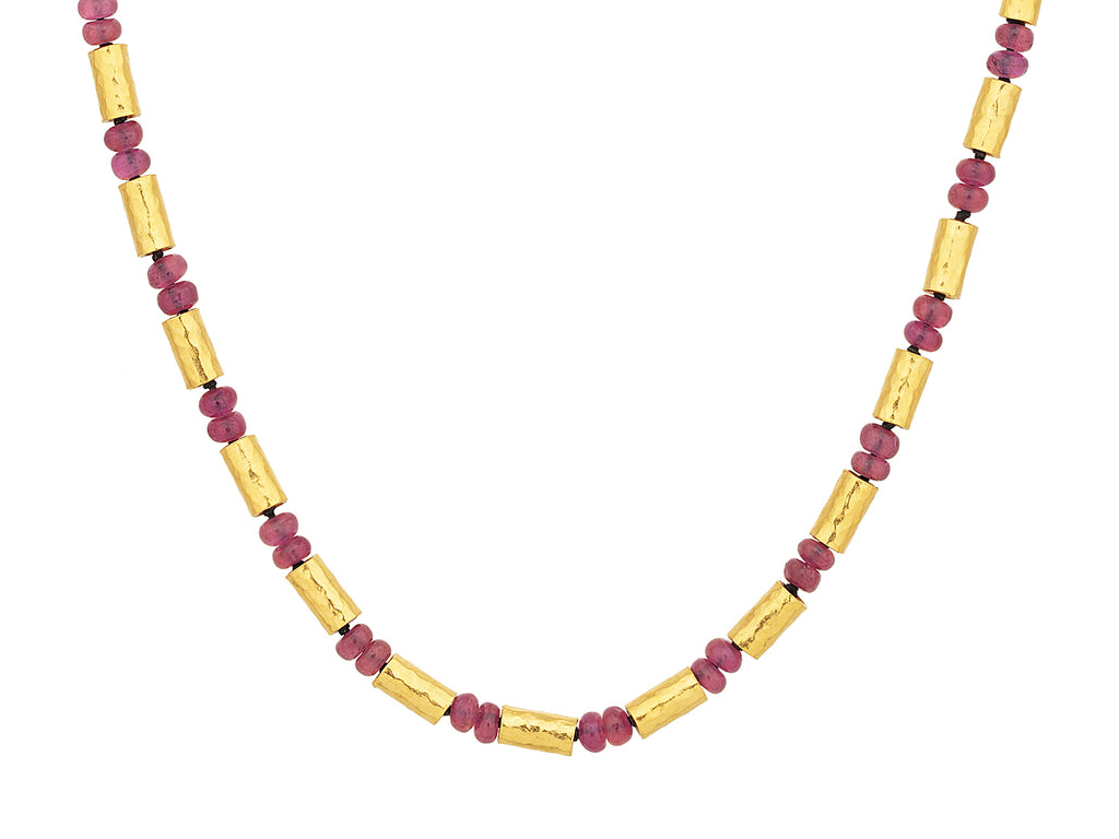 GURHAN, GURHAN Vertigo Gold Ruby Single-Strand Beaded Short Necklace, Gold Tubes and Cabochon Beads