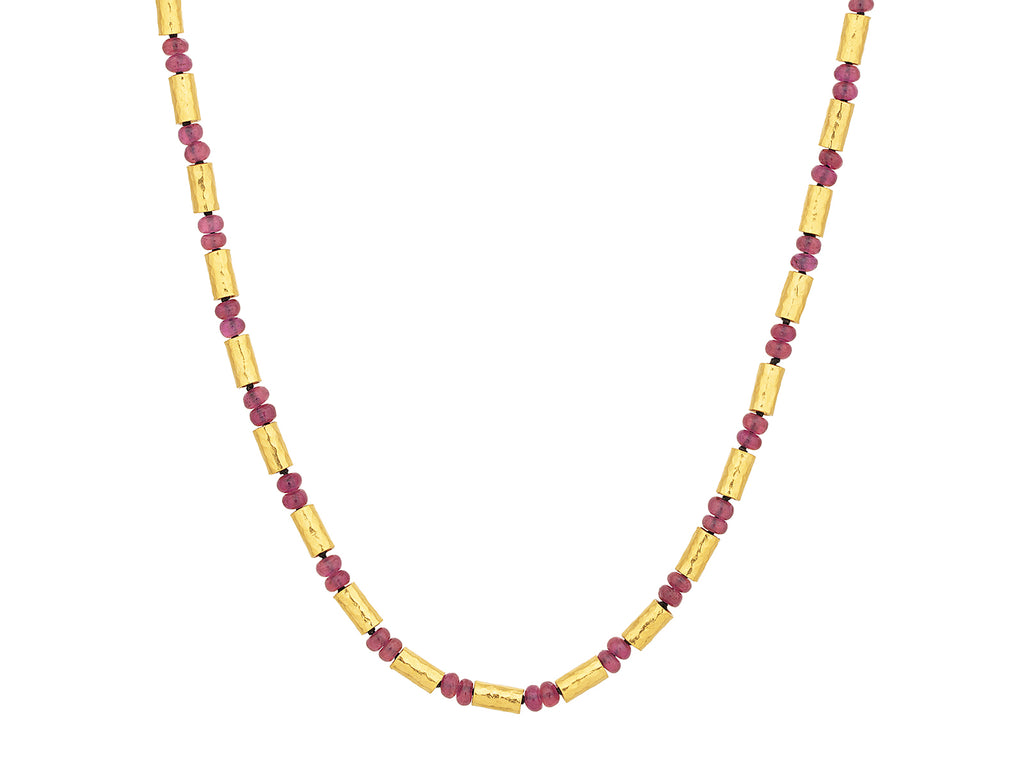 GURHAN, GURHAN Vertigo Gold Ruby Single-Strand Beaded Short Necklace, Gold Tubes and Cabochon Beads