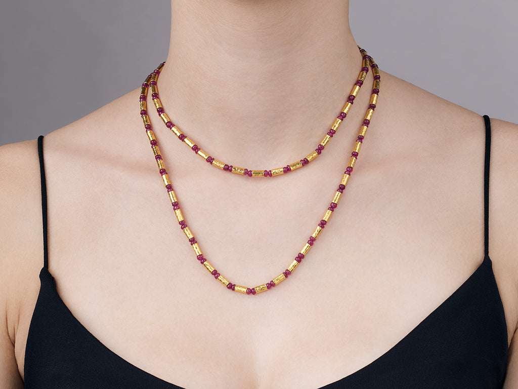 GURHAN, GURHAN Vertigo Gold Ruby Single-Strand Beaded Long Necklace, Gold Tubes and Cabochon Beads