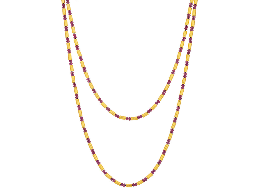 GURHAN, GURHAN Vertigo Gold Ruby Single-Strand Beaded Long Necklace, Gold Tubes and Cabochon Beads