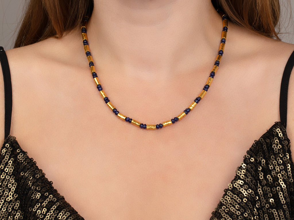 GURHAN, GURHAN Vertigo Gold Sapphire Beaded Short Necklace, Gold Tubes and Cabochon Beads