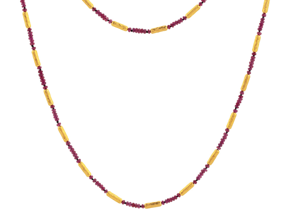 GURHAN, GURHAN Vertigo Gold Ruby Single-Strand Beaded Long Necklace, Thin Gold Tubes with Stone Clusters