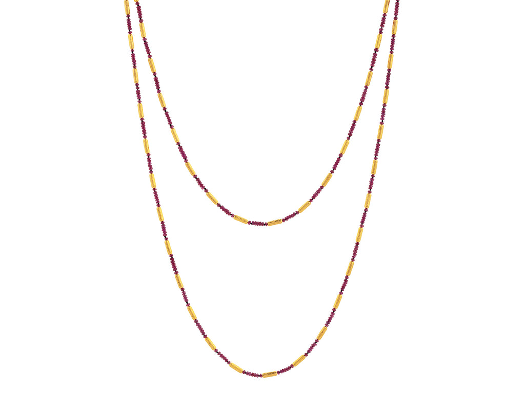 GURHAN, GURHAN Vertigo Gold Ruby Single-Strand Beaded Long Necklace, Thin Gold Tubes with Stone Clusters