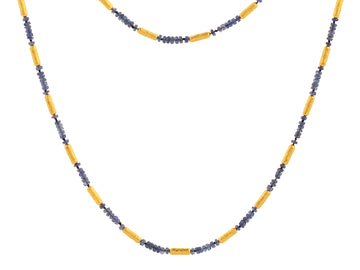 GURHAN, GURHAN Vertigo Gold Sapphire Single-Strand Beaded Long Necklace, Thin Gold Tubes with Stone Clusters