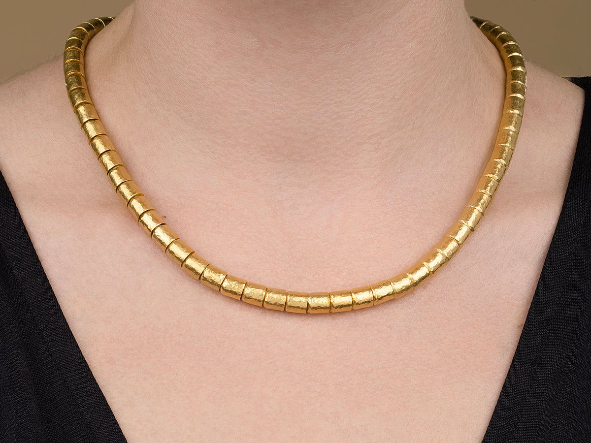 GURHAN, GURHAN Vertigo Gold Single Strand Short Necklace, 6.5mm Hammered Beads, Diamond on Clasp