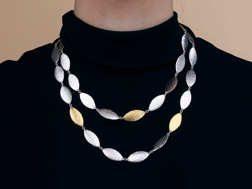 GURHAN, GURHAN Willow Sterling Silver Single-Strand Long Necklace, 25mm Flakes, Gold Accents