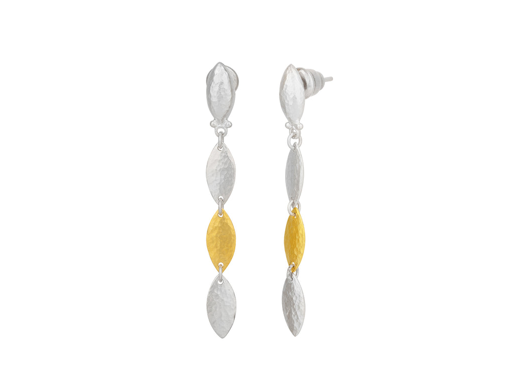 GURHAN, GURHAN Willow Sterling Silver Long Drop Earrings, 12mm Triple Flakes, Post Top, Gold Accents