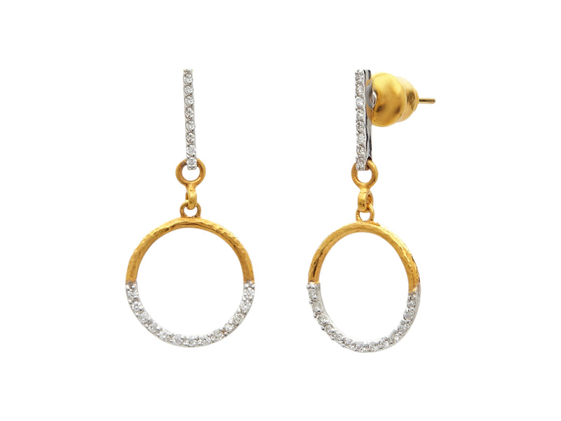 GURHAN Geo 22K Gold Diamond Single Drop Earrings, Small Half Pave Round Link on Post Top